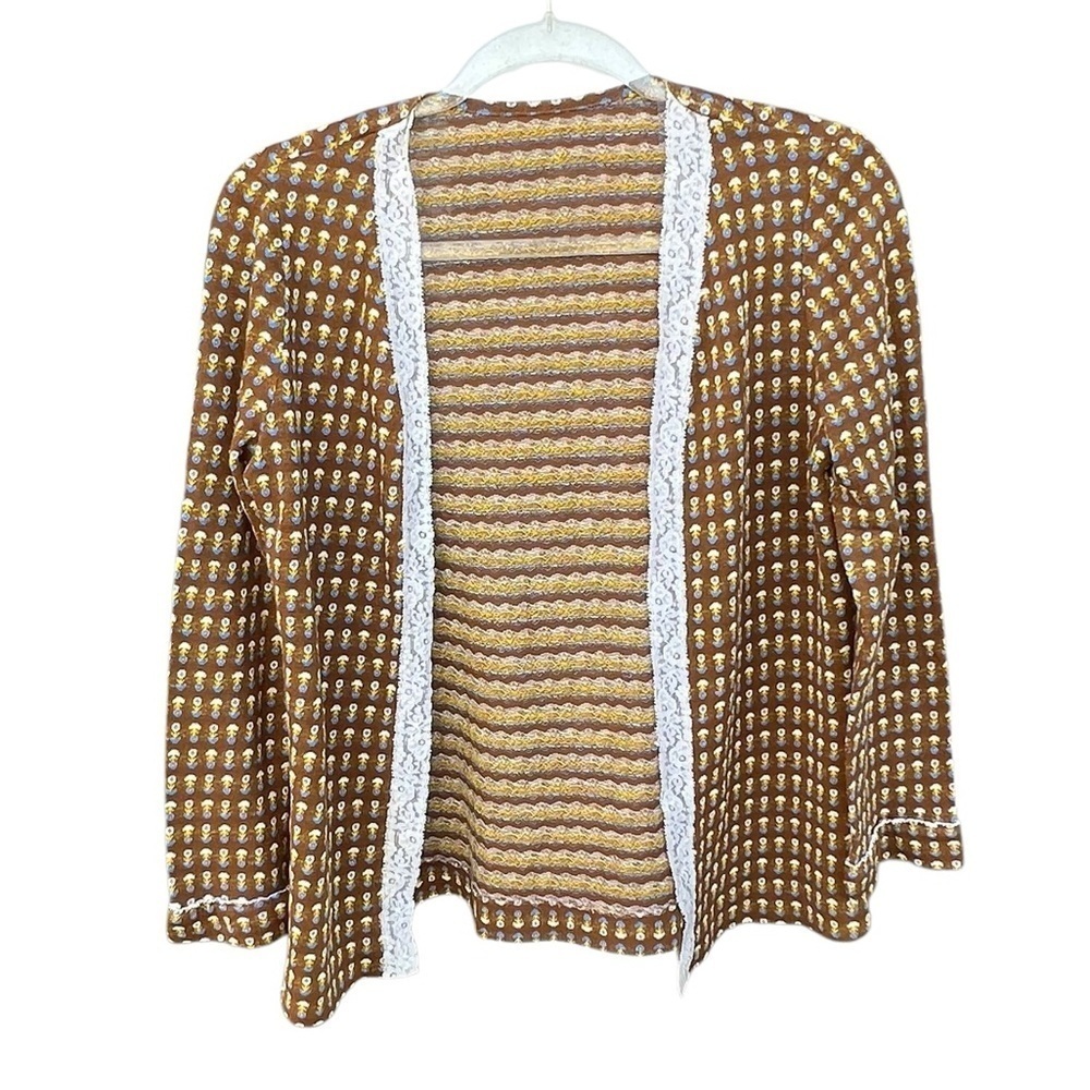 Vintage Retro Floral Open Front Cardigan Handmade Brown Medium 70s Vibes
